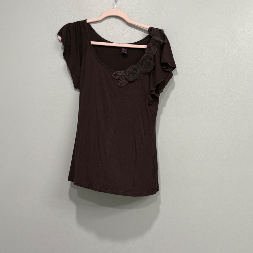 Wrapper Brown Rosette Floral Scoop Neck Flutter Sleeve Top S dark fall fairy